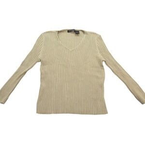 Express Ribbed V-Neck Long Sleeve Top Cotton Blend Tan Neutral Casual‎ Large